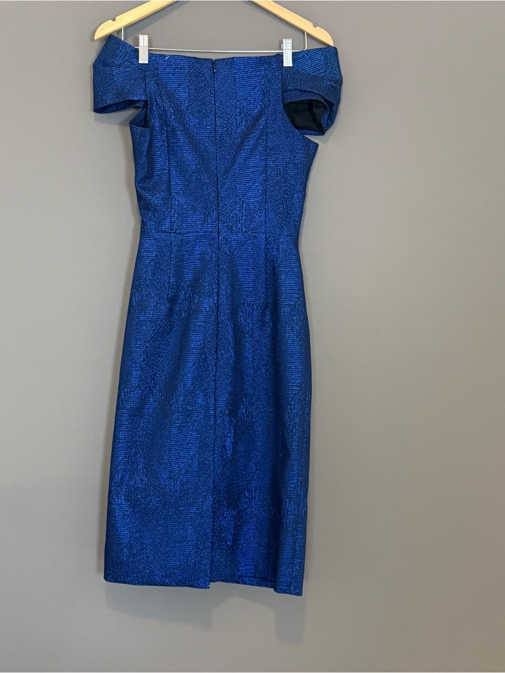 Teri Jon Rickie Freeman Sapphire Blue Metallic Off Shoulder Cocktail Dress 4 - Picture 6 of 14